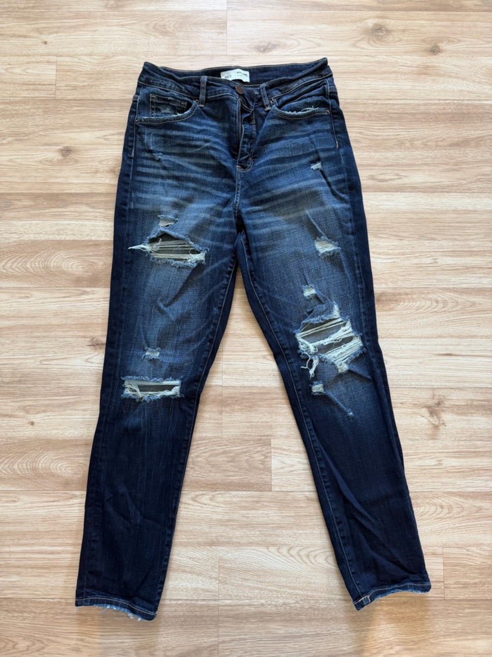 BKE Women’s Dark Blue Distressed Mom Jeans